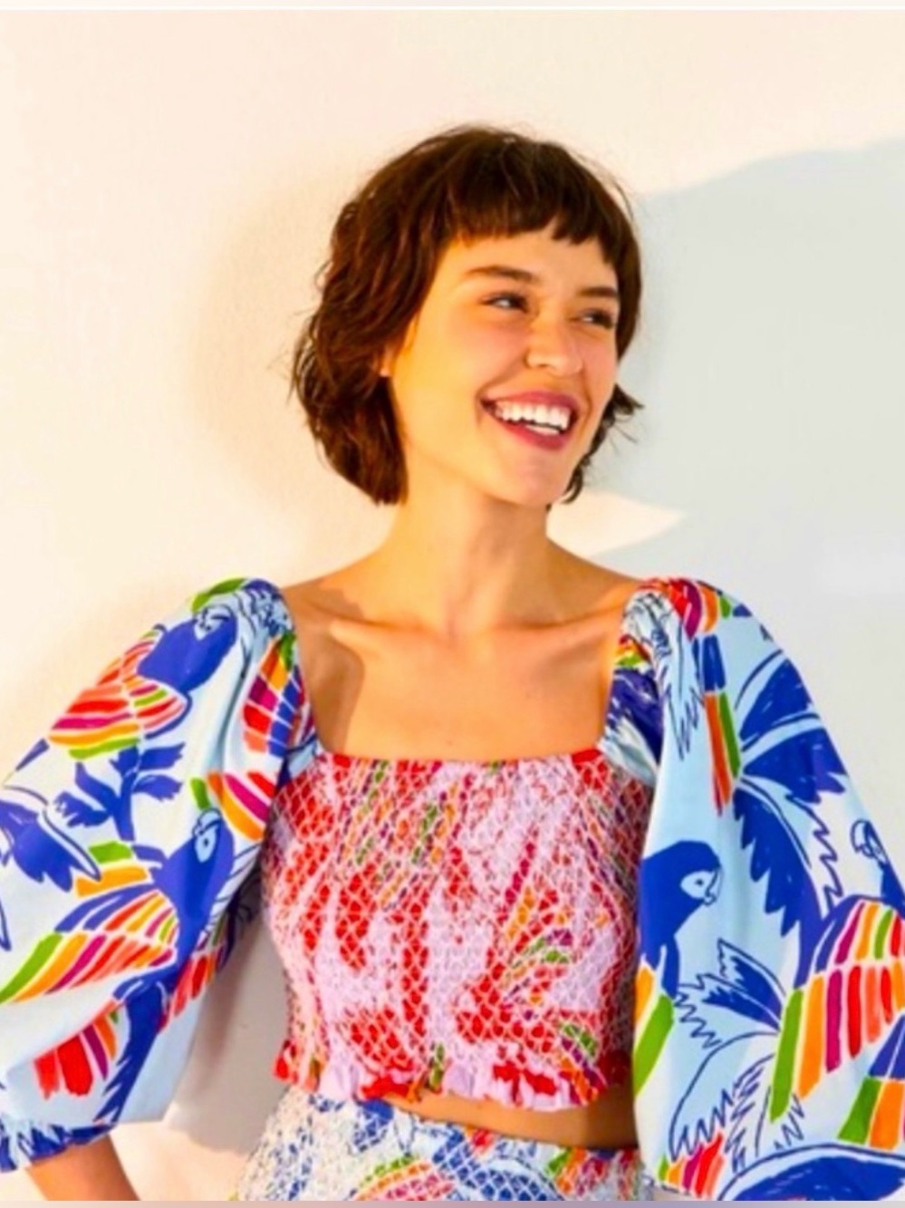 FARM Rio Multicolor Floral Smocked Puff Sleeve Crop Top XL